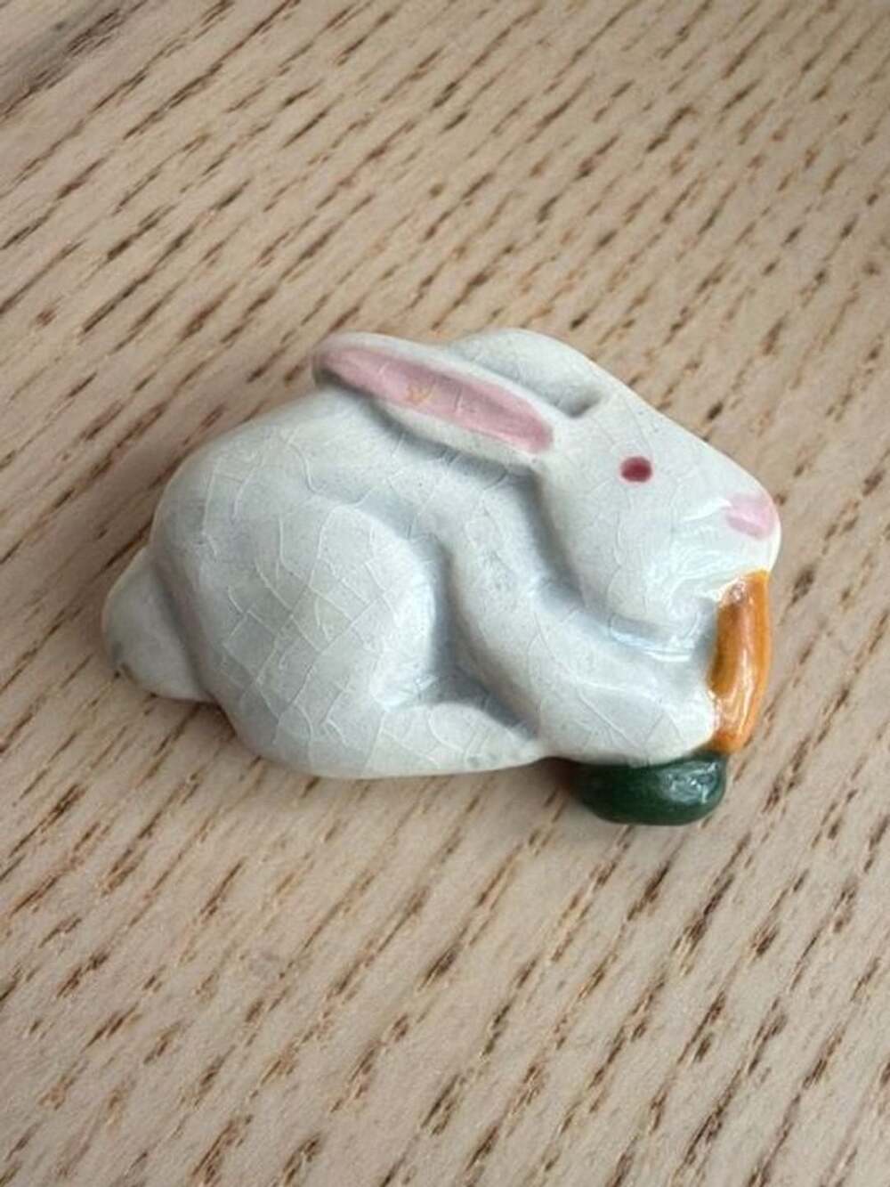 Vintage Hand-Painted Ceramic Rabbit Eating Carrot Pin Brooch